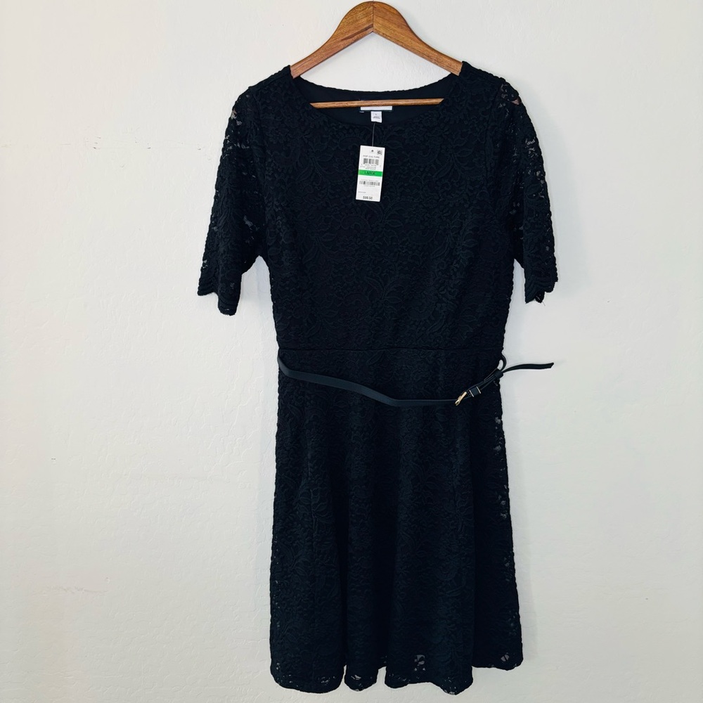 Charter Club Deep Black Lace Dress NWT Women’s Classic Belted Midi Large